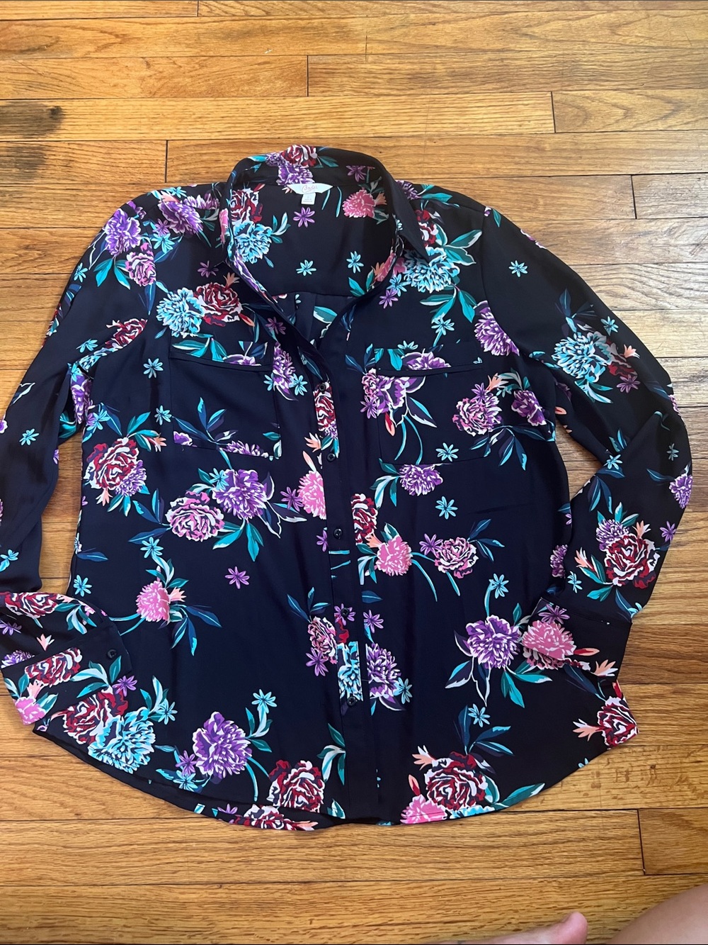 Candie's Black Floral Button-Down Shirt with Pink, Purple & Teal Blooms